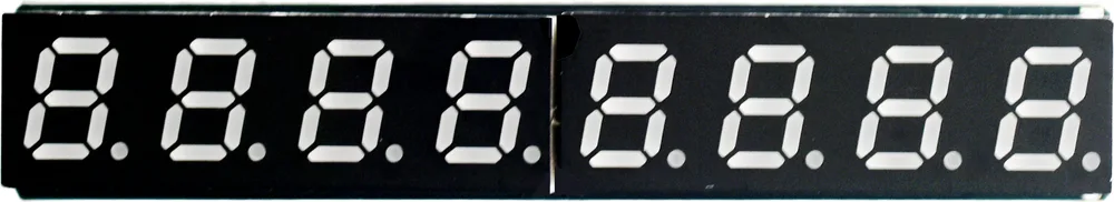 The display side of the same board: eight red seven-segment digits in a single black strip, each with a decimal point, with a hairline seam visible down the middle where the two four-digit panels butt against each other.