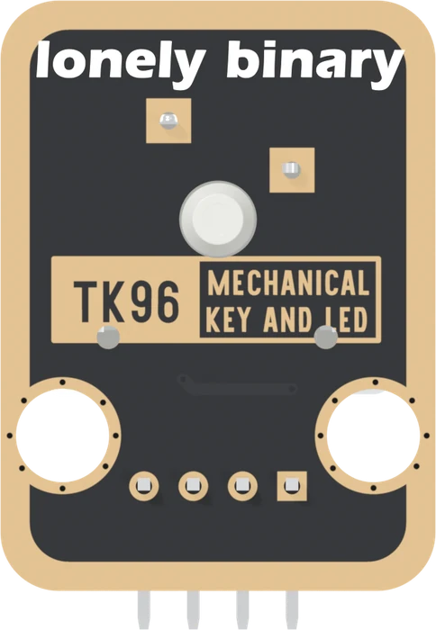 The back of the TK96: a black board with a gold edge, lonely binary across the top, the switch's two solder joints and its round white centre post, TK96 in a box beside MECHANICAL KEY AND LED, two round LEGO holes, and the header's four solder pads along the bottom with the square pad at the right.