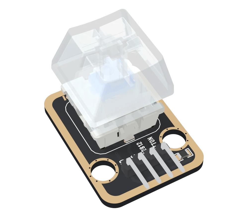 The TK96 at an angle: a black board with a gold edge, a tall frosted clear keycap over a keyboard switch with a white housing and a pale blue stem visible through the cap, two round LEGO holes near the bottom corners, four right-angle header pins out of the bottom edge labelled GND, VCC, WS2812 and BUTTON, and a small resistor to the right of the header.