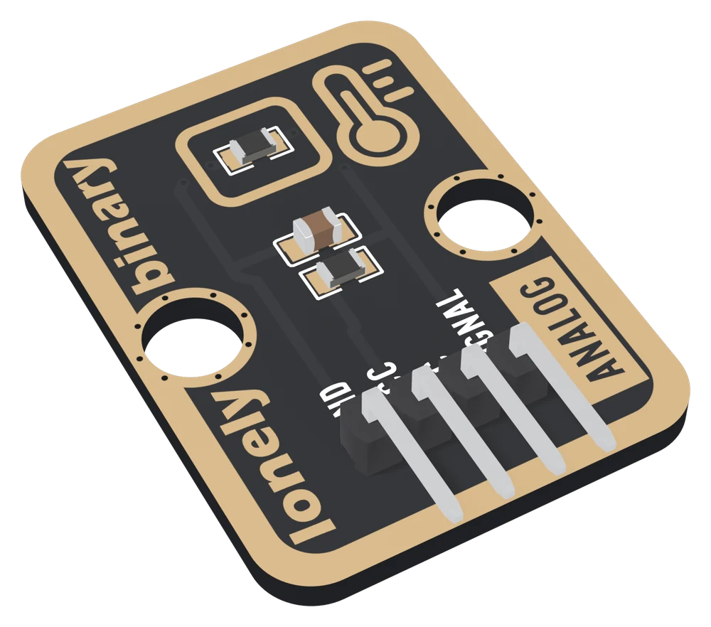 The TK12 at an angle: a black board with a gold-plated border, a tiny dark thermistor inside a gold box near the top with a thermometer icon beside it, a pale capacitor and a dark resistor below, two big mounting holes, lonely binary along the left edge, a boxed ANALOG on the right, and a right-angle header whose four pins point out past the bottom edge.