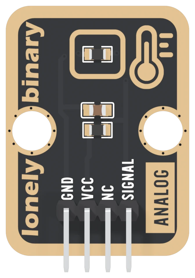 The TK12 seen from the component side: a black board with a gold-plated border, a small dark 0805 part inside a gold box near the top with a thermometer icon to its right, a pale capacitor and a dark resistor below it, two large mounting holes, lonely binary up the left edge, a boxed ANALOG on the right, and a right-angle header labelled GND, VCC, NC and SIGNAL.
