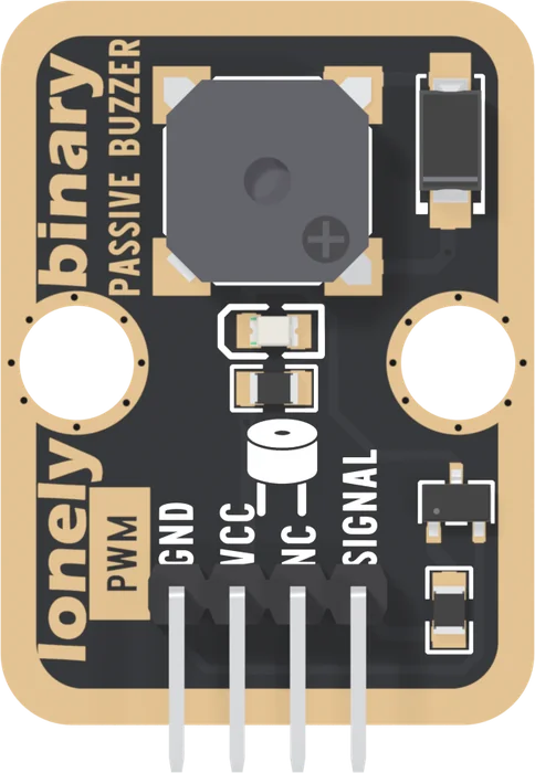 The TK37 seen from the parts side: a black board with a wide gold border, a square dark grey buzzer with cut corners near the top with a small round port and a plus sign on it, a black diode at the top right, a small LED and a resistor under the buzzer, a three-legged transistor and a resistor at the lower right, two big round mounting holes, lonely binary and PASSIVE BUZZER up the left edge, a box printed PWM, and a right-angle header labelled GND, VCC, NC and SIGNAL from left to right.
