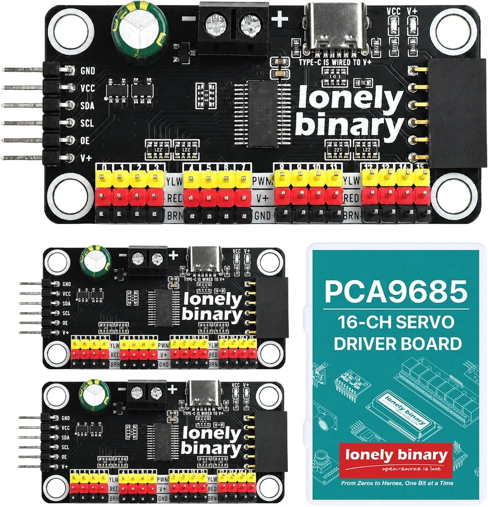 The box contents: three PCA9685 boards, one large at the top and two smaller below on the left, each with its screw terminal and USB-C socket along the top edge and yellow, red and black servo pins along the bottom, and on the right a teal card printed PCA9685 16-CH SERVO DRIVER BOARD.