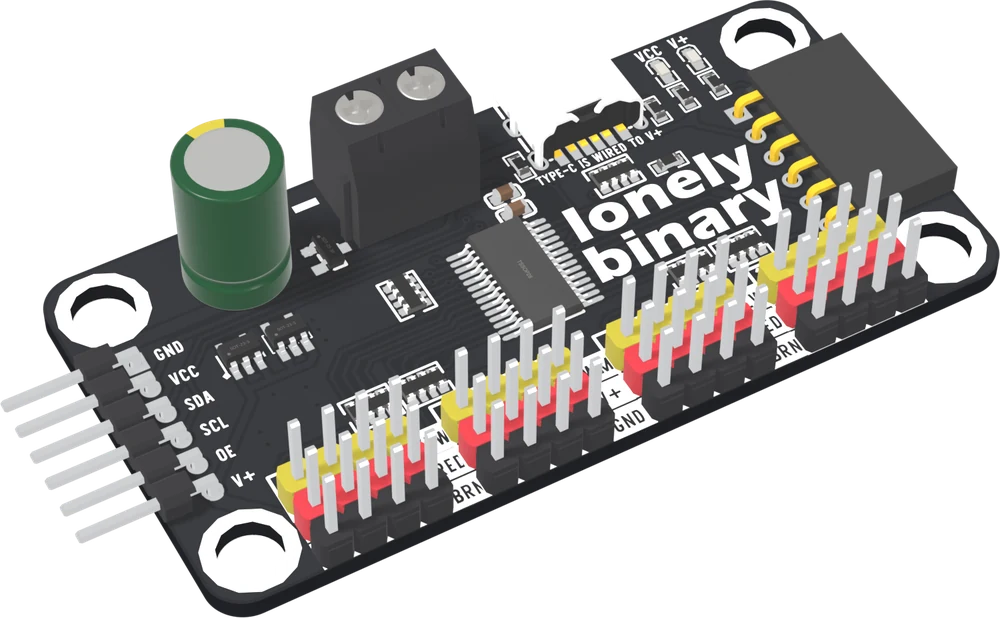 The board from above at an angle: a green capacitor and a black two-way screw terminal at the back, the USB-C socket and two small LEDs printed VCC and V+ at the back right, a right-angle male header on the front left edge printed GND, VCC, SDA, SCL, OE and V+, a black socket on the right edge, and four blocks of yellow, red and black servo pins along the front.
