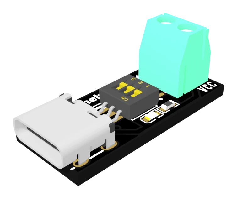 One trigger board seen from above at an angle: a small black PCB with a white USB-C socket overhanging the near end, a three-position black DIP switch with yellow levers numbered 1, 2 and 3 in the middle, and a tall mint-green two-way screw terminal at the far end with GND and VCC printed beside it.