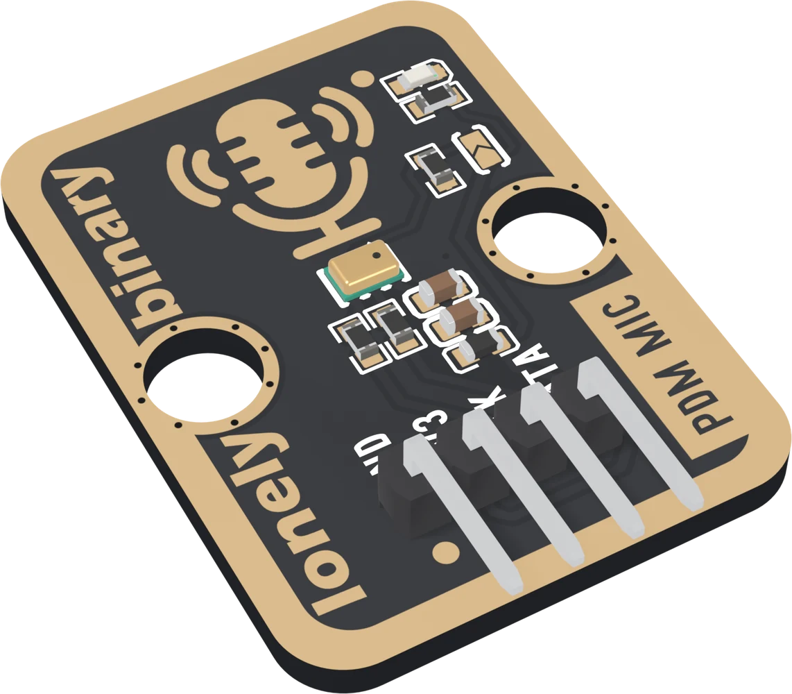 The TK101 from above at an angle: a black board with a wide gold border, a gold microphone drawing, the tiny gold microphone can below it, small parts beneath the can, an LED and a jumper at the top right, two round LEGO holes, PDM MIC printed on the right, and four right-angle pins out of the front edge printed GND, 3V3, CLK and DATA.