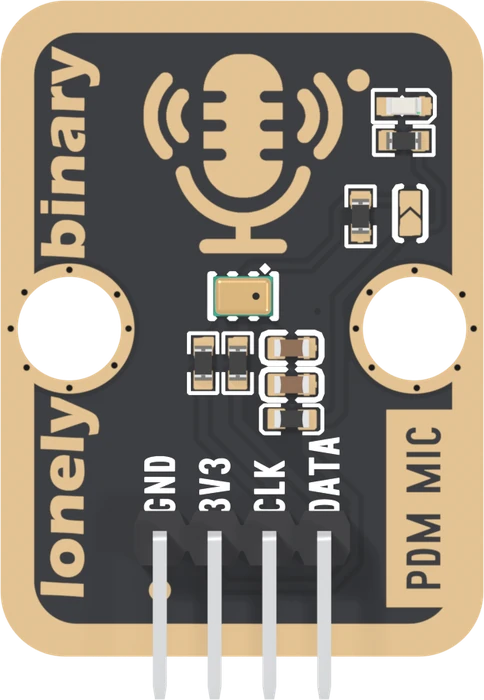 The TK101 from directly above: a gold microphone drawing at the top, the small gold microphone can in the middle between two round LEGO holes, two small resistors and three small parts below it, an LED and a jumper at the top right, PDM MIC printed up the right edge, and four right-angle pins along the bottom printed GND, 3V3, CLK and DATA.