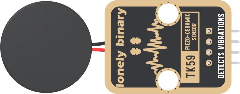 The back of the TK59, header on the right: a black board with a gold border, lonely binary up the left edge, two small oval pads beside it where the disc's leads can also be soldered, a large white zigzag drawing between two round LEGO holes, a gold box printed TK59 and PIEZO-CERAMIC SENSOR, four header pads with the square one at the top, DETECTS VIBRATIONS up the right edge, and the round black disc lying off the left edge on its black and red leads. No pin names are printed on this side.