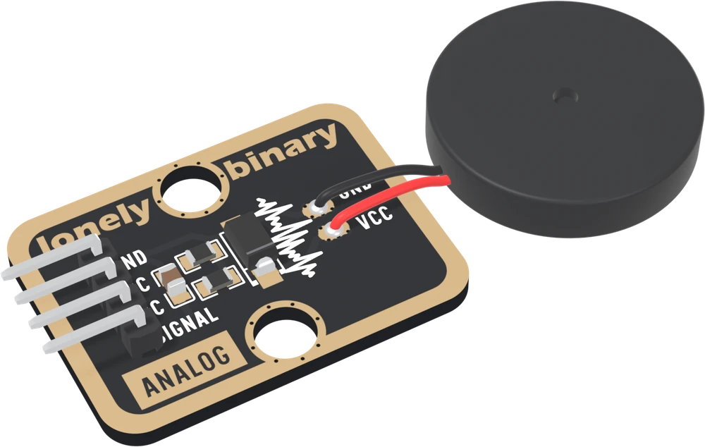 The TK59 at an angle: a black board with a gold border and lonely binary across the top, four right-angle pins out of its left edge labelled GND, NC, NC and SIGNAL, a tan capacitor, two small resistors and a larger black diode in the middle, a white zigzag drawing, ANALOG in a gold box, two round LEGO holes, and a black and a red wire running from two pads printed GND and VCC to a round black disc lying beside the board, with a small hole in the middle of its face.
