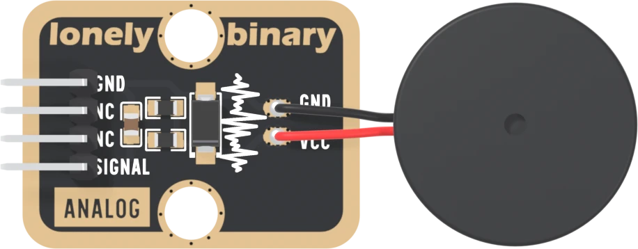 The front of the TK59 from above, header on the left: a black board with a gold border, lonely binary across the top, four right-angle pins labelled GND, NC, NC and SIGNAL from top to bottom, a small tan capacitor and two small black resistors beside them, a larger black diode in the middle, a white zigzag drawing, ANALOG in a gold box at the lower left, two round LEGO holes, and two small pads at the right edge printed GND and VCC with a black and a red wire running from them to a round black disc on the right.