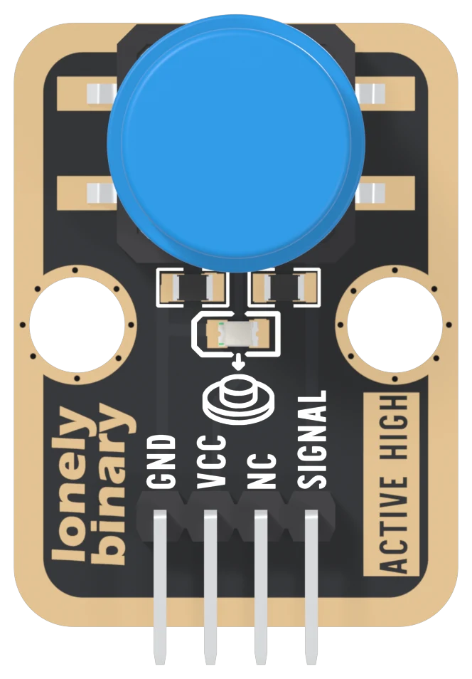 The TK04 seen from the button side: a black board with a gold-plated border, a large round blue cap on a square black switch near the top, two small resistors and a tiny LED below it, two big round mounting holes, lonely binary printed up the left edge, a boxed ACTIVE HIGH up the right edge, and a right-angle header labelled GND, VCC, NC and SIGNAL from left to right.