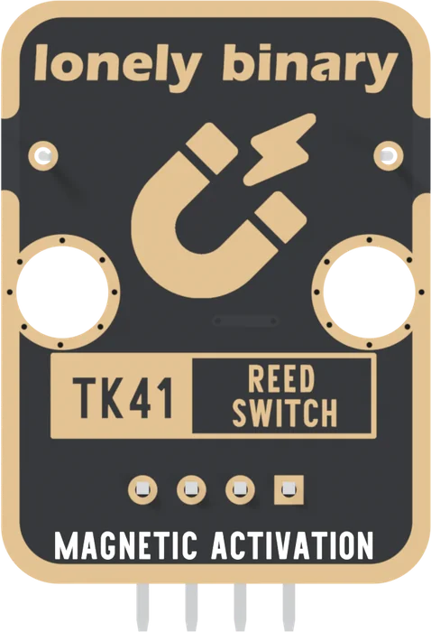 The back of the TK41, header at the bottom: a black board with a gold border, lonely binary across the top, the two solder joints of the reed switch at the upper corners, a large drawing of a horseshoe magnet, two round LEGO holes, a gold box printed TK41 REED SWITCH, four header pads with the square one on the right, and MAGNETIC ACTIVATION along the bottom edge. No pin names are printed on this side.