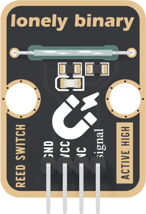 The front of the TK41, header at the bottom: a black board with a gold border, lonely binary across the top, a thin pale green glass tube lying left to right under it with a wire lead bent down into a pad at each end, two small resistors and an LED under the tube, two round LEGO holes, a white magnet drawing, REED SWITCH up the left edge, ACTIVE HIGH up the right edge, and four right-angle pins labelled GND, VCC, NC and signal.