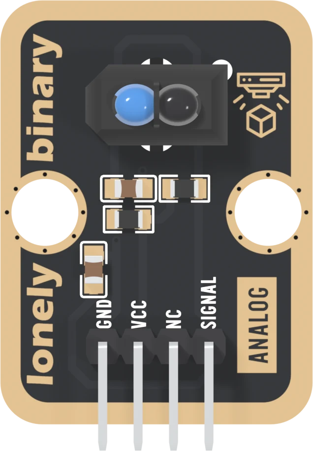 The front of the TK57, header at the bottom: a black board with a gold border, lonely binary up the left edge, a black rectangular sensor housing near the top holding a blue dome on the left and a black dome on the right, a small sensor-and-box drawing to its right, three small parts in a group below it and one standing on its end further down, two round LEGO holes, ANALOG in a gold box up the right edge, and four right-angle pins labelled GND, VCC, NC and SIGNAL.