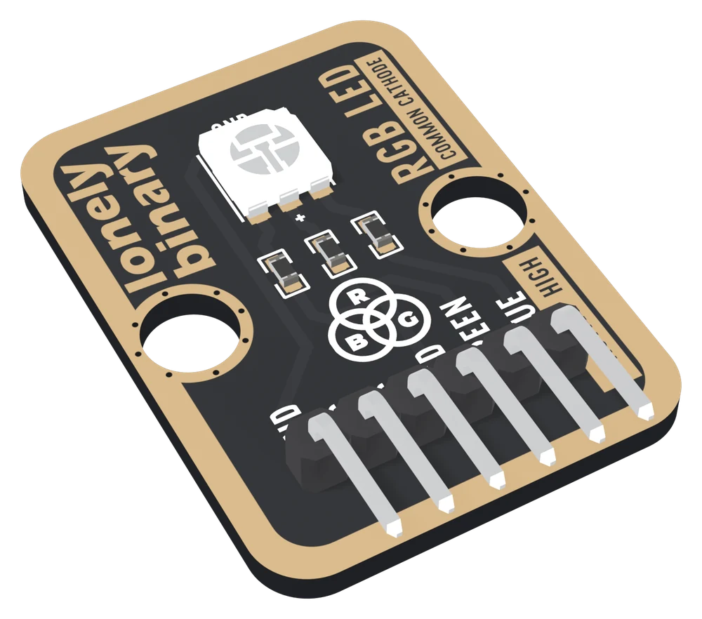 The TK02 at an angle: a black board with a gold-plated border, lonely binary printed up the left edge, a small square white LED near the top with a plus sign below it, three tiny resistors in a row, an R, G and B three-circle logo, two big mounting holes, RGB LED and COMMON CATHODE along the right edge, and a right-angle six-pin header whose pins point out past the near edge.