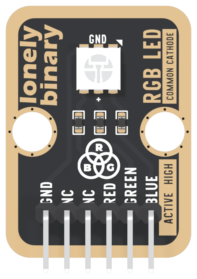 The TK02 seen from the component side: a black board with a gold-plated border, lonely binary printed up the left edge, a small square white LED near the top with GND printed above it and a plus sign below, three tiny resistors in a row under it, an R, G and B three-circle logo, two big mounting holes, RGB LED and COMMON CATHODE up the right edge above a boxed ACTIVE HIGH, and a right-angle header whose six pins are labelled GND, NC, NC, RED, GREEN and BLUE from left to right.