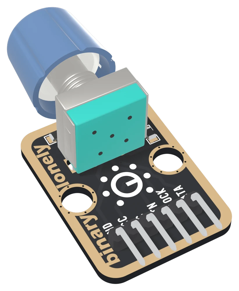 The TK06 at an angle: a black board with a gold-plated border, a metal and teal encoder body near the top with its threaded bushing and a large blue knob pointing out past the top edge, two big mounting holes, lonely binary along the left edge, and a right-angle header whose six pins point out past the bottom edge.