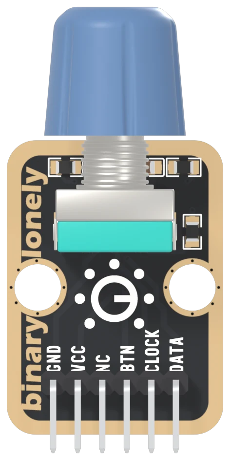 The TK06 seen from the component side: a black board with a gold-plated border, a blue knob standing above the top edge on a threaded metal bushing, the encoder's metal and teal body just below it, small parts beside the bushing and one on the right edge, two big round mounting holes, lonely binary printed up the left edge, and a right-angle header labelled GND, VCC, NC, BTN, CLOCK and DATA from left to right.