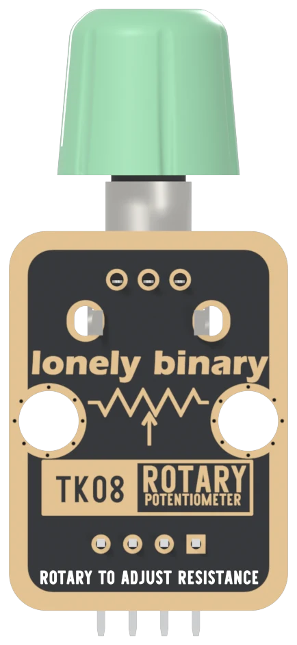 The back of the TK08: the pale-green knob above the top edge, a black board with a gold border showing the potentiometer's three solder pads and two tabs, lonely binary in large letters, a resistor symbol with an arrow, two mounting holes, a boxed TK08 ROTARY POTENTIOMETER, four header pads with the square one on the right, and ROTARY TO ADJUST RESISTANCE along the bottom.