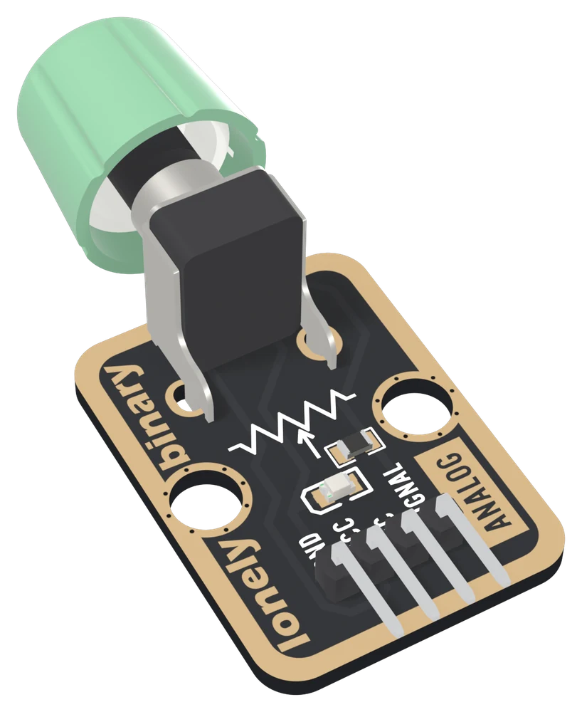 The TK08 at an angle: a black board with a gold-plated border, a black potentiometer body standing on the top edge with its metal shaft and a large pale-green knob pointing out past it, a resistor symbol with an arrow, a small resistor and a tiny LED, two big mounting holes, lonely binary along the left edge, a boxed ANALOG along the right, and a right-angle header whose four pins point out past the bottom edge.