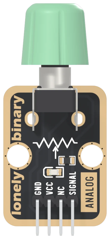 The TK08 seen from the component side: a black board with a gold-plated border, a black potentiometer body on the top edge with a metal shaft and a pale-green knob pointing up past it, a resistor symbol with an arrow printed below, a small resistor and a tiny LED, two big mounting holes, lonely binary up the left edge, a boxed ANALOG up the right edge, and a right-angle header labelled GND, VCC, NC and SIGNAL.