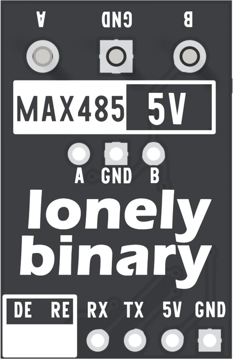 The MAX485 board from underneath: A, GND and B printed over the terminal's three pins at the top, MAX485 5V in a white box, A GND B again over three holes, lonely binary in large letters, and DE, RE, RX, TX, 5V and GND along the bottom, mirror-image to the top.