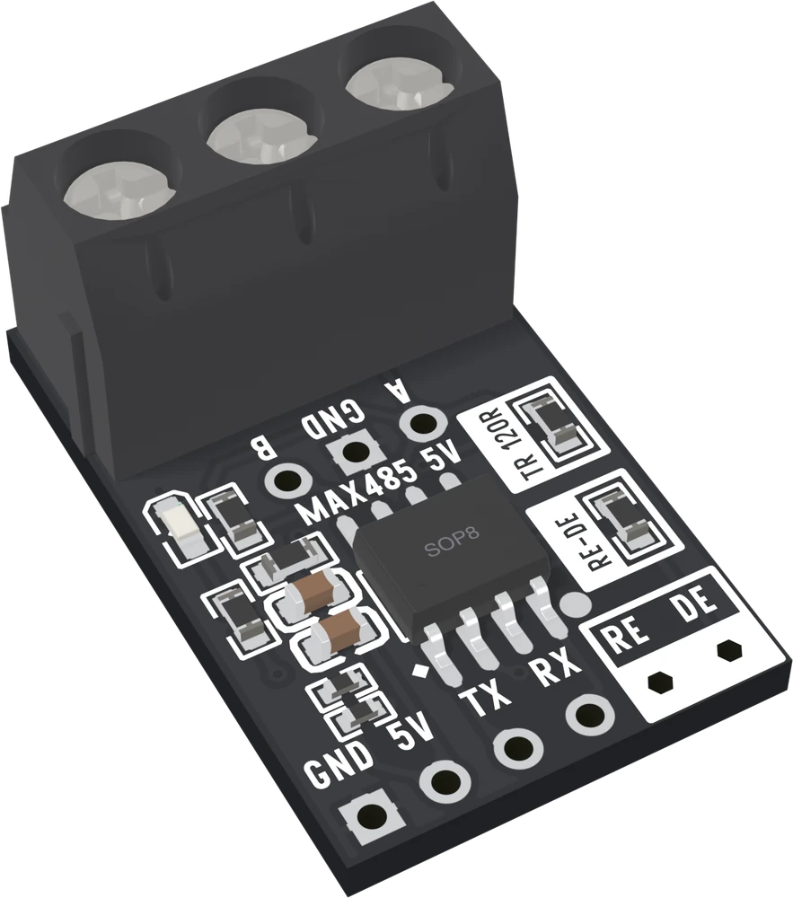 The MAX485 board from above at an angle: a black three-way screw terminal along the back edge, B, GND and A printed over three holes in front of it, the chip in the middle with MAX485 5V printed above, boxes printed TR 120R and RE-DE on the right, and six holes along the front edge printed GND, 5V, TX, RX, RE and DE.