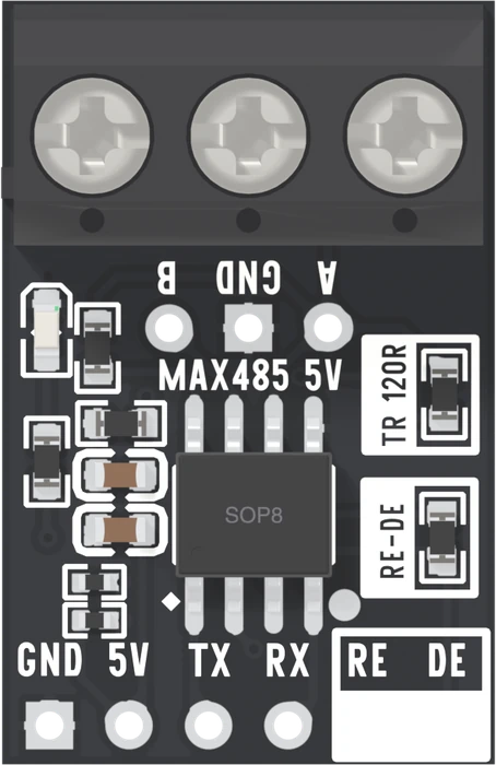 The MAX485 board from directly above: a black three-way screw terminal across the top, B, GND and A printed under it over three holes, the eight-legged chip in the middle, a box printed TR 120R and a box printed RE-DE on the right, and six holes along the bottom edge printed GND, 5V, TX, RX, RE and DE.
