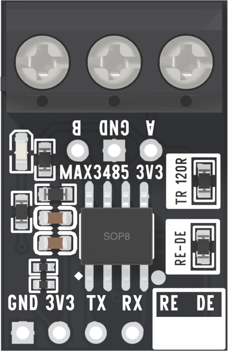 The MAX3485 board from directly above: the screw terminal across the top, and on the right-hand edge two white boxes, the upper printed TR 120R holding one small black resistor, the lower printed RE-DE holding another, above the RE and DE holes at the bottom right.