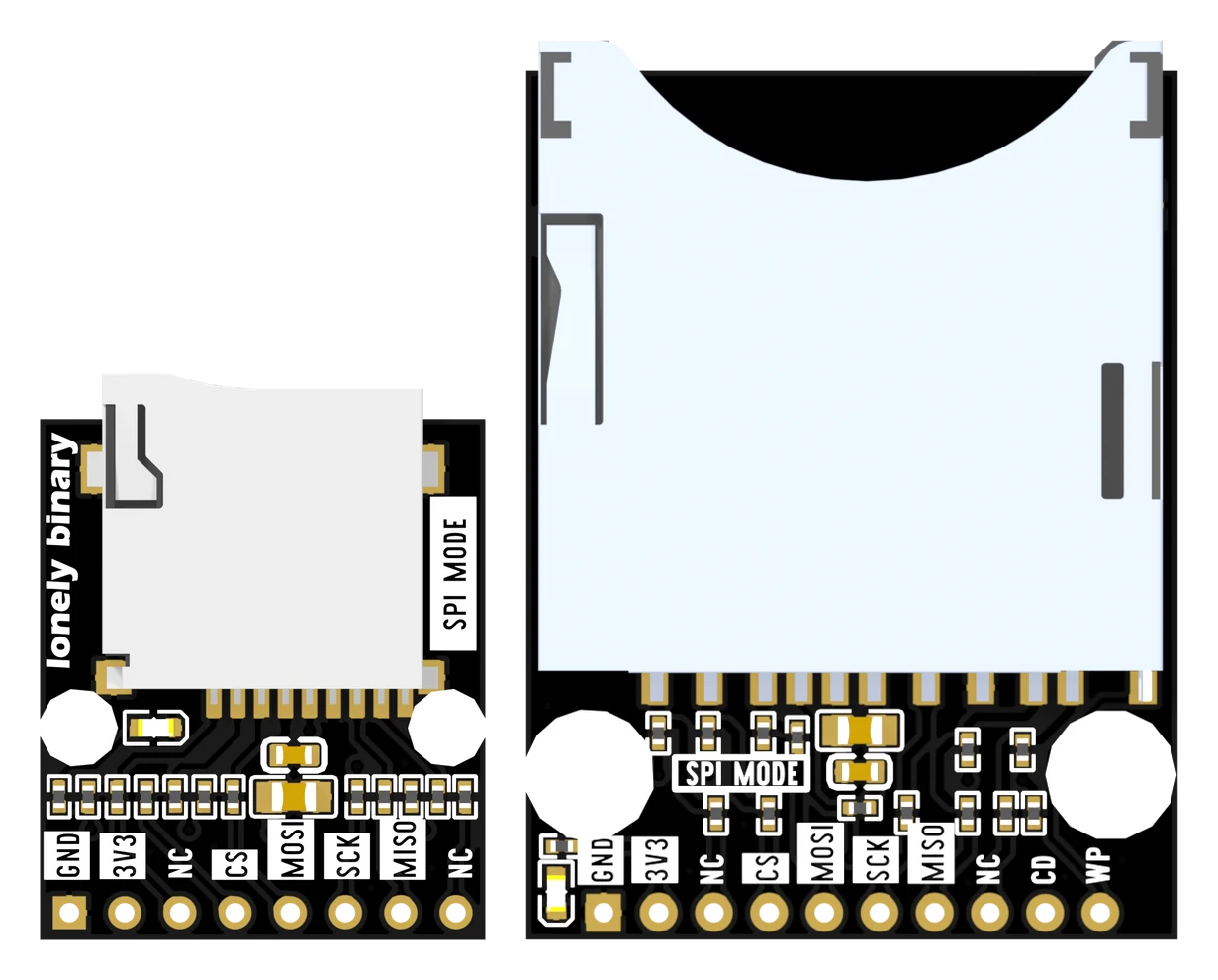 The microSD reader and the full-size SD reader side by side and to scale, seen from above: two black boards with metal card sockets, the microSD one under half the area, each with a single row of gold-plated holes along the bottom edge labelled GND, 3V3, NC, CS, MOSI, SCK, MISO, NC and, on the larger board only, CD and WP.