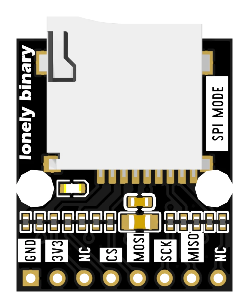 The microSD reader board seen from directly above: a black PCB with a metal push-push microSD socket filling the top two thirds, the words lonely binary printed up the left edge, SPI MODE printed up the right edge, and a row of eight gold-plated holes along the bottom labelled GND, 3V3, NC, CS, MOSI, SCK, MISO and NC.