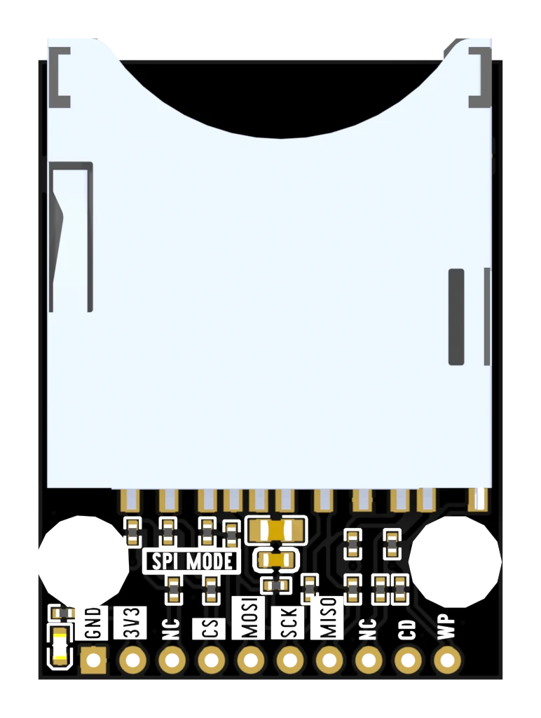 The full-size SD reader board seen from directly above: a black PCB almost entirely covered by a metal SD card socket, with SPI MODE printed on the board below it and a row of ten gold-plated holes along the bottom edge labelled GND, 3V3, NC, CS, MOSI, SCK, MISO, NC, CD and WP, and a small red LED at the left-hand end beside the GND hole.
