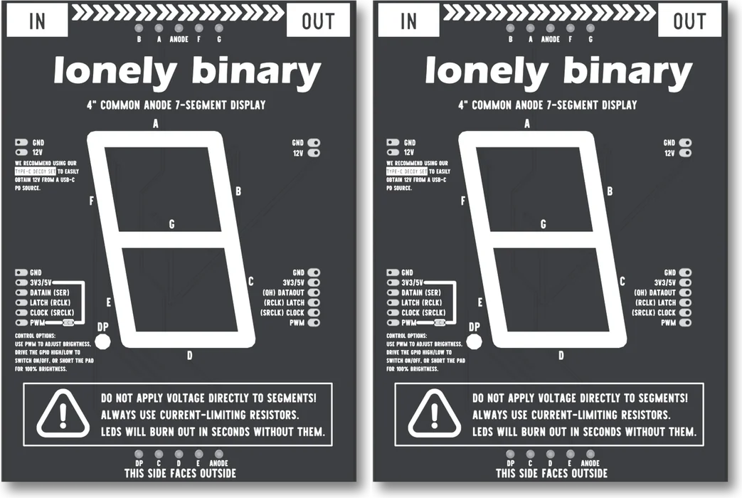 Two display modules seen from the back, side by side. The left one's OUT edge, with its two-pin GND and 12V header and its six-pin signal header ending in PWM, sits against the right one's IN edge, which carries the same two headers, ending in PWM, with DATAIN where the left one prints DATAOUT.