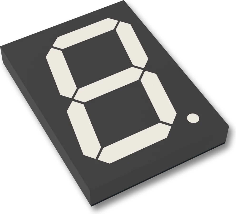 The 4-inch display seen from above at an angle: a dark grey slab 15 mm deep, with seven pale cream bars arranged as a slanted figure 8 and a round pale dot at the bottom right, none of them lit.