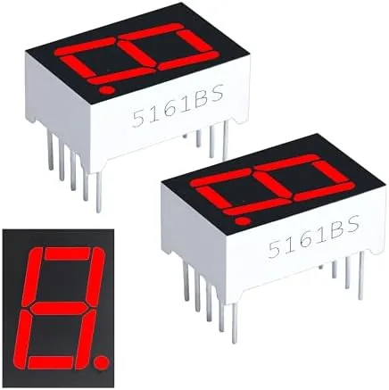 Two 0.56-inch seven-segment display packages seen at an angle, white plastic bodies with black faces and ten silver legs each, with 5161BS moulded into the side of the plastic below the window. An inset at the lower left shows the digit lit as a red figure eight with its decimal point at the bottom right.