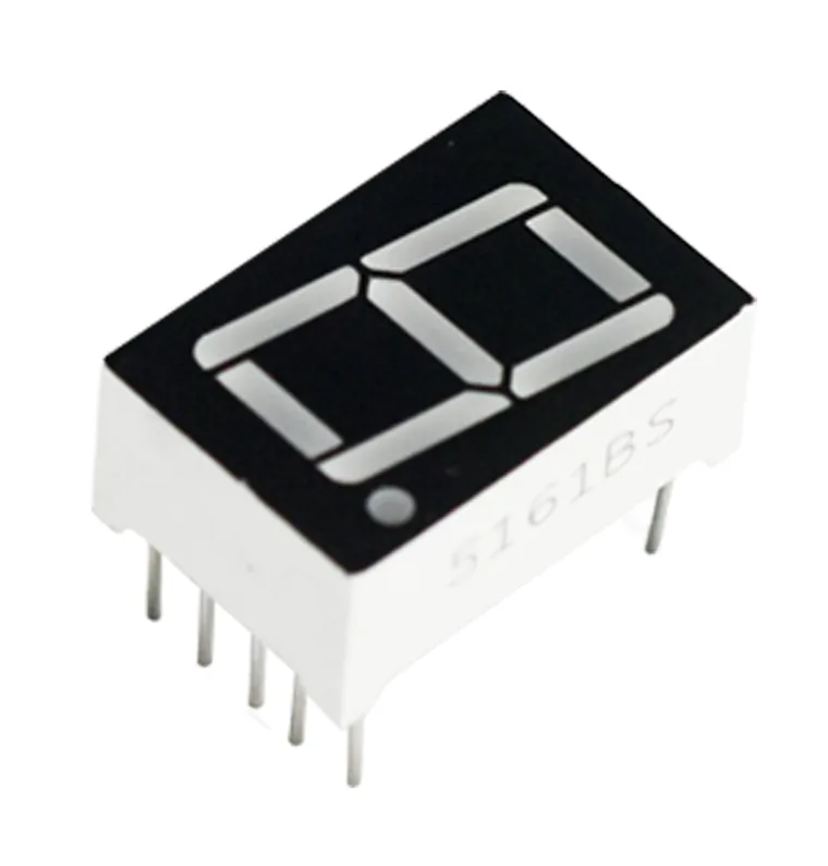A single 0.56-inch seven-segment display at a three-quarter angle: a white plastic body with a black face, the seven unlit segment bars and the round decimal point visible in grey, 5161BS moulded into the side, and ten silver legs in two rows of five bent down from the long edges.