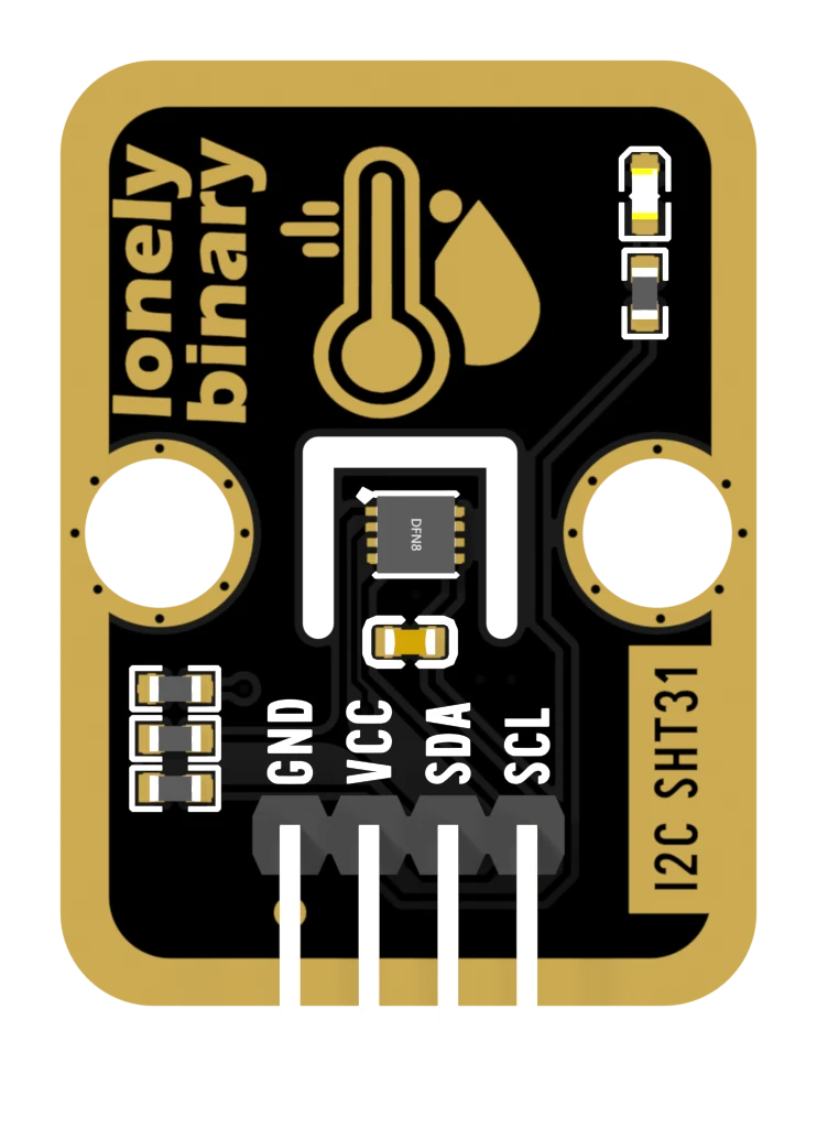 The TK120 seen from the sensor side: a black PCB with a gold immersion-plated border, a four-pin header along the bottom edge labelled GND, VCC, SDA and SCL, I2C SHT31 printed up the right-hand edge, two large mounting holes, and the small grey SHT31 chip in the middle sitting on a tongue of board with a U-shaped slot routed round it.