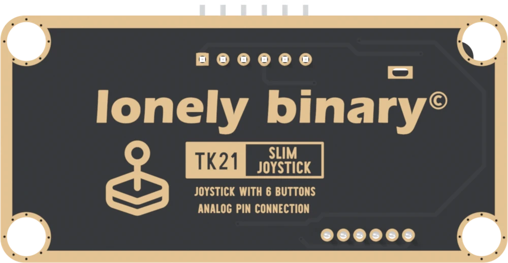 The back of the TK21: a long black board with a gold border and four corner holes, the lonely binary logo across the middle, a joystick icon, TK21 SLIM JOYSTICK in a boxed label, JOYSTICK WITH 6 BUTTONS and ANALOG PIN CONNECTION below it, and a row of six header pads near the top with the square one on the left.