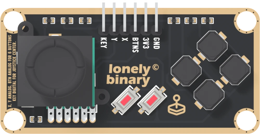 The TK21 from the parts side: a long black board with a gold border and a mounting hole in each corner, a black thumb stick filling the left half with six metal legs below it, a six-pin header along the top edge labelled KEY, Y, X, BTNS, 3V3 and GND from left to right, the lonely binary logo in the middle, two small red buttons below it, a joystick icon, four black square buttons in a diamond on the right, and three small resistors along each side of the top edge.
