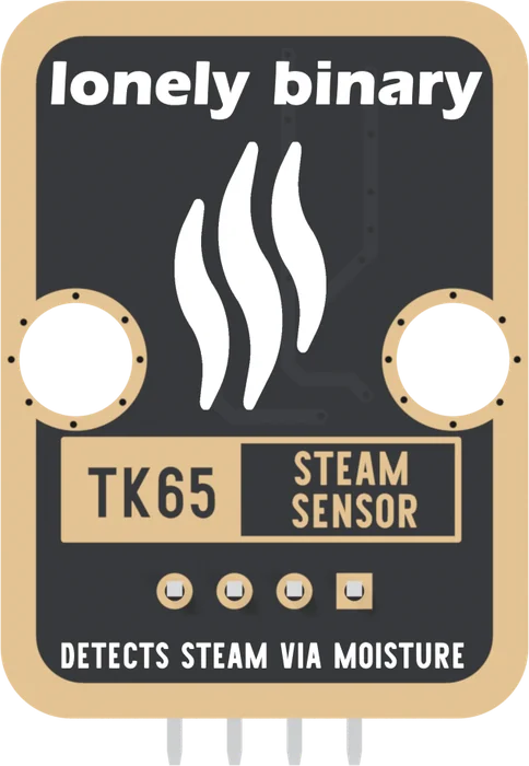 The back of the TK65, header at the bottom: a black board with a gold border, lonely binary across the top, three white wisps of steam in the middle between two round gold-ringed LEGO holes, a gold box printed TK65 beside STEAM SENSOR, four header pads with the square one on the right, and DETECTS STEAM VIA MOISTURE along the bottom edge. No pin names are printed on this side.