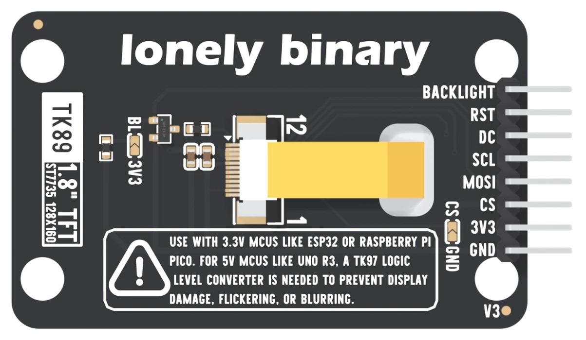 The back of the TK89, header on the right: lonely binary across the top, a white label reading TK89 1.8 inch TFT ST7735 128X160 on the left, a small three-legged transistor beside pads marked BL and 3V3, two small capacitors, a white ribbon socket with an orange ribbon running right into a slot, pads marked CS and GND by the header, a boxed warning about 5 V boards, V3 in the corner, and the header pins labelled BACKLIGHT, RST, DC, SCL, MOSI, CS, 3V3 and GND from the top.