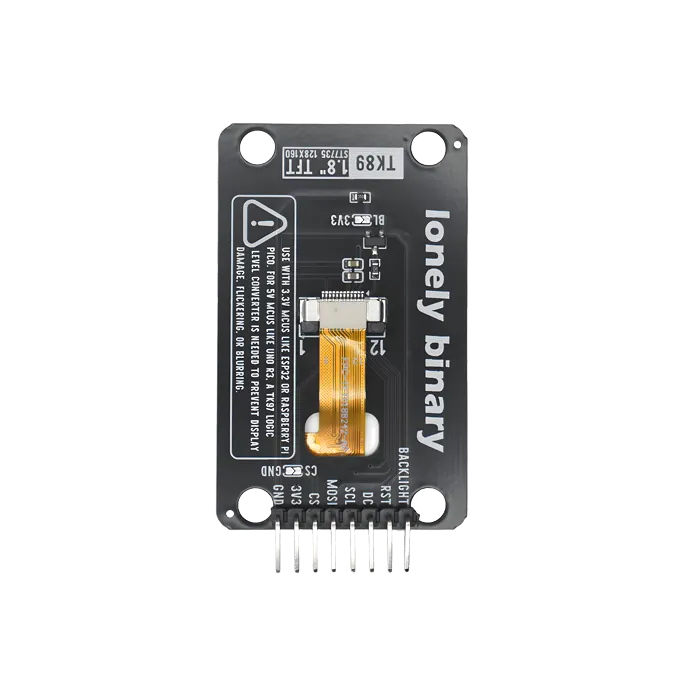 A photograph of the back of the TK89 stood portrait with the header at the bottom: TK89 1.8 inch TFT in a white box at the top, pads marked BL and 3V3 beside a small three-legged transistor, two tiny capacitors, the white ribbon socket with the orange ribbon running down into a slot, a boxed warning about 5 V boards, pads marked CS and GND, and the pins labelled GND, 3V3, CS, MOSI, SCL, DC, RST and BACKLIGHT.
