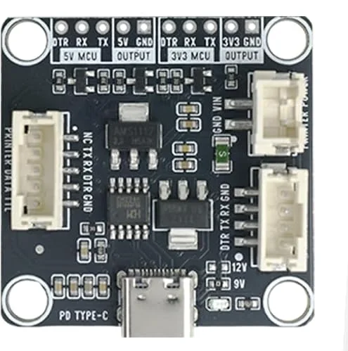 The Type-C TTL base board seen from above: a USB-C socket marked PD TYPE-C along the bottom edge, a five-pin socket marked PRINTER DATA TTL on the left with NC TX RX DTR GND printed beside it, two more sockets on the right for printer power, and two rows of pins along the top marked 5V MCU with DTR RX TX 5V GND, and 3V3 MCU with DTR RX TX 3V3 GND.