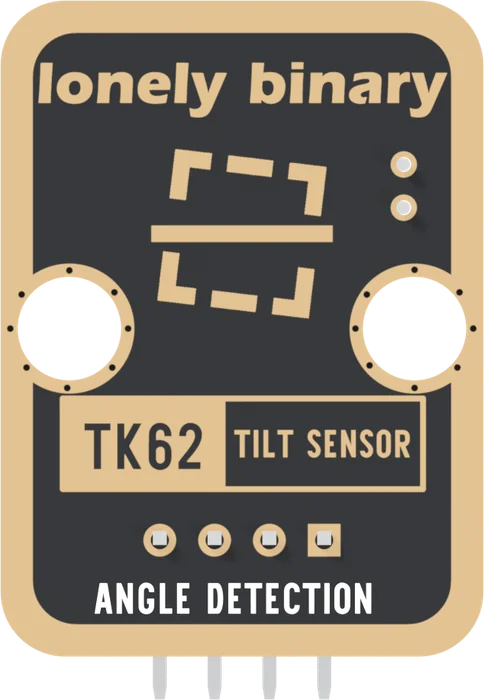 The back of the TK62, header at the bottom: a black board with a gold border, lonely binary across the top, the two solder joints of the tilt switch's leads at the upper right, a gold drawing of a slightly tilted square outline cut through by a level line, two round LEGO holes, a gold box printed TK62 TILT SENSOR, four header pads with the square one on the right, and ANGLE DETECTION along the bottom edge. No pin names are printed on this side.