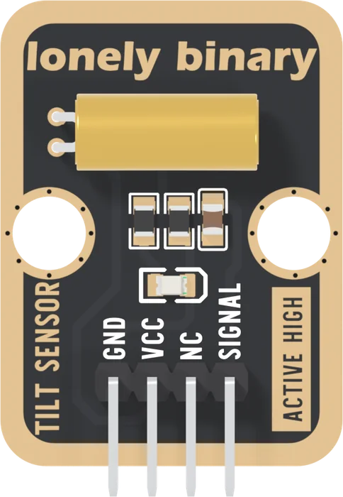 The front of the TK62, header at the bottom: a black board with a gold border, lonely binary across the top, a brass cylinder lying left to right under it with two short silver leads bent down into pads at its left end, three small parts in a row below it, two round LEGO holes, an LED below the three parts, TILT SENSOR up the left edge, ACTIVE HIGH up the right edge, and four right-angle pins labelled GND, VCC, NC and SIGNAL.