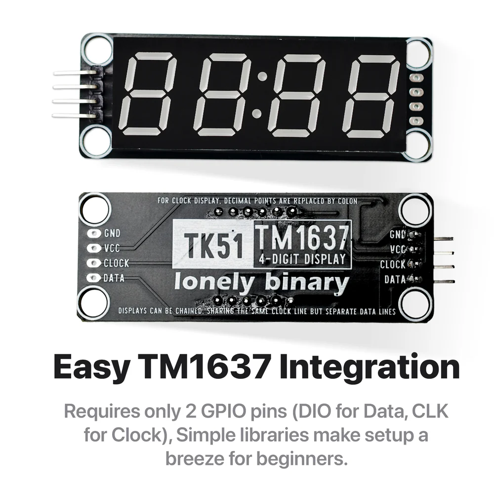 The TK51 board photographed front and back: the front is a black board with a four-digit display and a right-angle four-pin header at the left edge; the back is printed GND, VCC, CLOCK and DATA down both edges, TK51 TM1637 4-DIGIT DISPLAY in the middle, and the notes FOR CLOCK DISPLAY DECIMAL POINTS ARE REPLACED BY COLON above and DISPLAYS CAN BE CHAINED SHARING THE SAME CLOCK LINE BUT SEPARATE DATA LINES below.