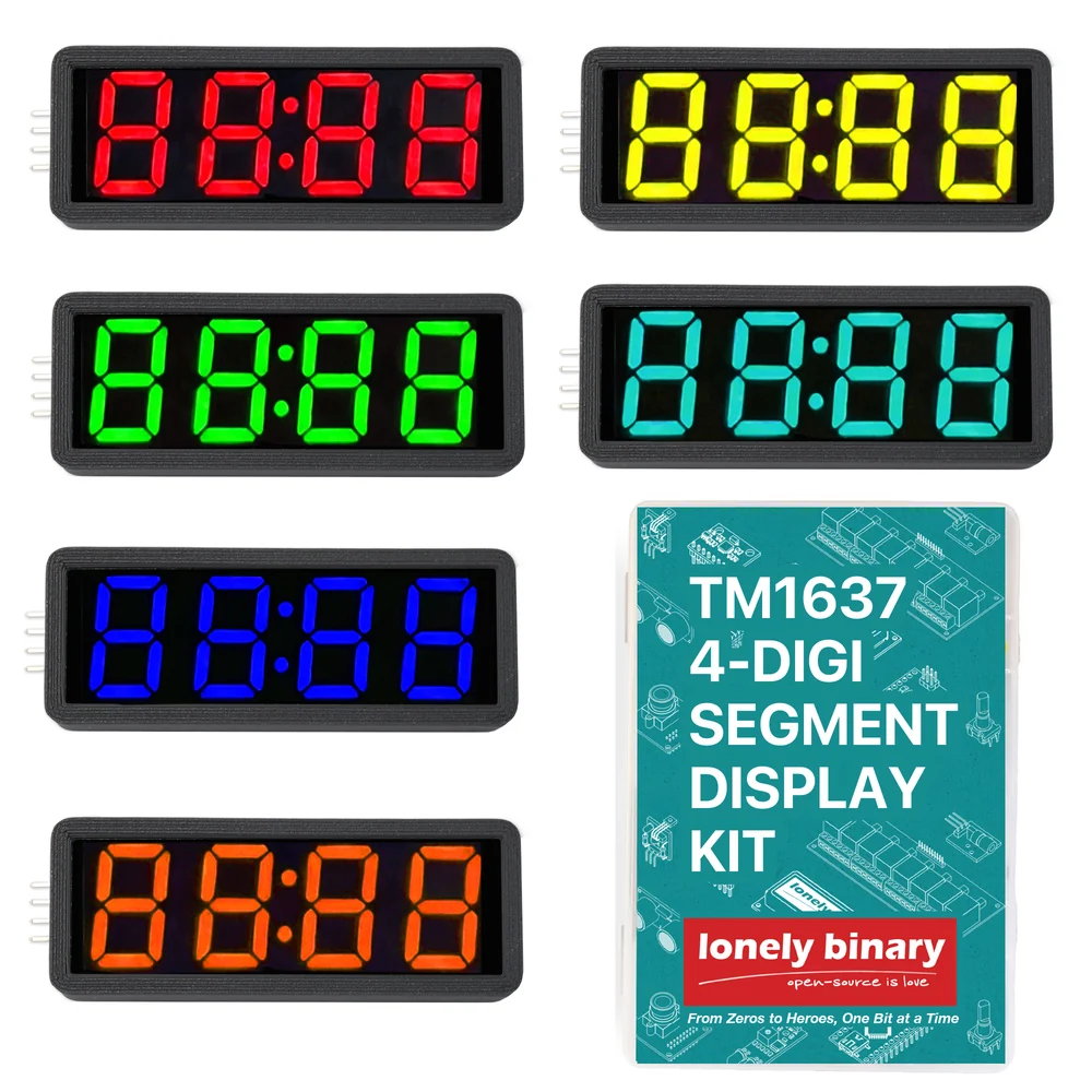 The clock set: six four-digit displays in black 3D-printed enclosures, lit in red, yellow, green, pale blue-green, blue and orange, each showing 88:88 with a colon between the middle digits and no decimal points, beside a teal box printed TM1637 4-DIGI SEGMENT DISPLAY KIT.