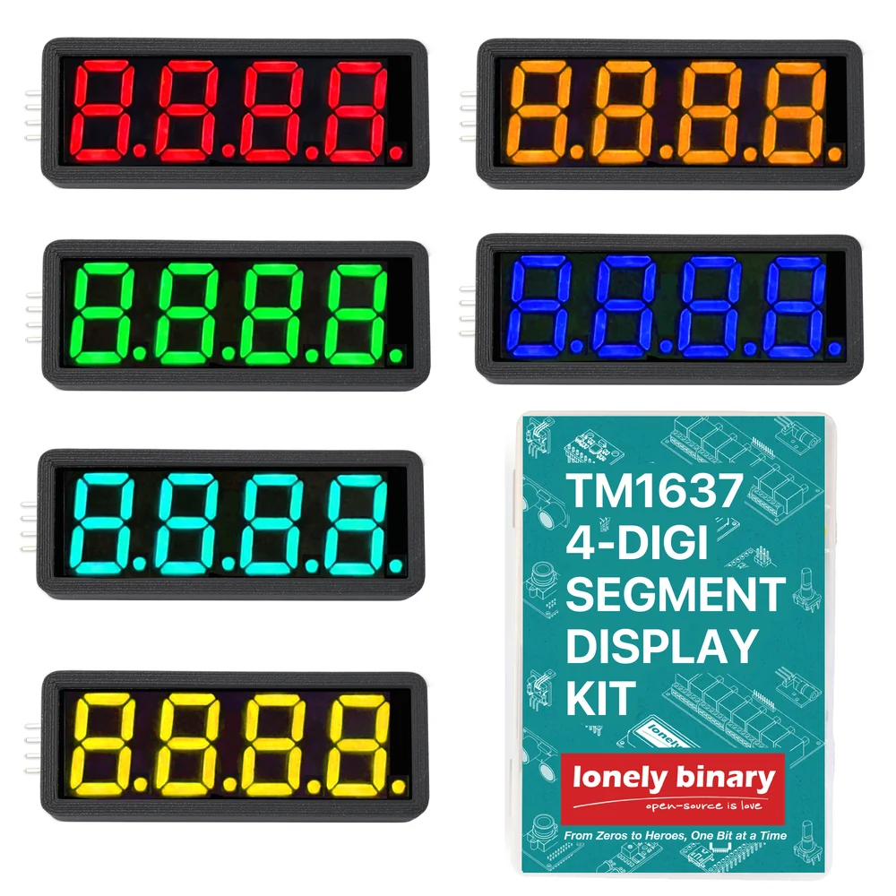 The digit set: six four-digit displays in black enclosures, lit in red, orange, green, blue, pale blue-green and yellow, each showing 8.8.8.8. with a decimal point after every digit and no colon, beside the same teal kit box.