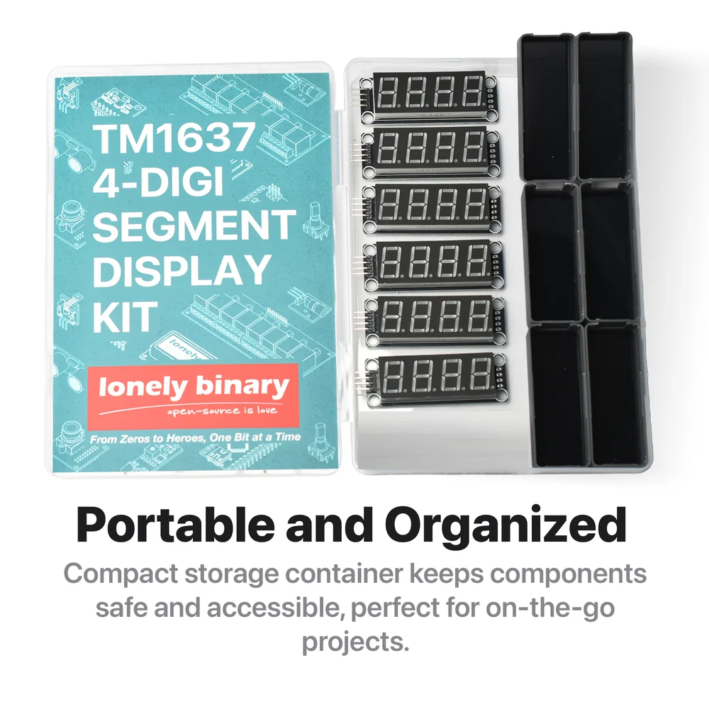 The open storage box: six bare TM1637 boards with their four-pin headers already soldered on, lying in a row beside six empty black 3D-printed enclosures in the compartments of a clear plastic case, with the teal kit lid on the left.