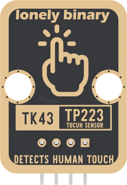 The back of the TK43, header at the bottom: a black board with a gold border, lonely binary across the top, a large drawing of a pointing hand, two round LEGO holes, a gold box printed TK43 beside TP223 over TOCUH SENSOR, four header pads with the square one on the right, and DETECTS HUMAN TOUCH along the bottom edge. No pin names are printed on this side.